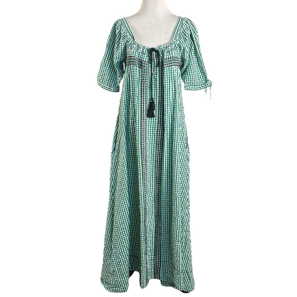 Free People Bohemian Embroidered Gingham Seersucker Cass Maxi Dress Green Small - Picture 5 of 16
